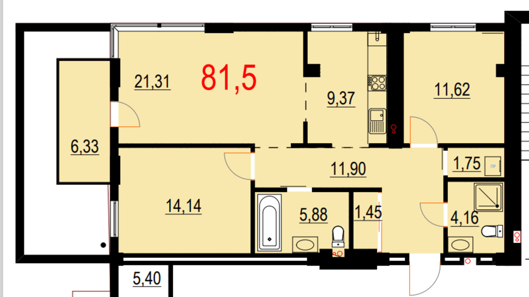 Планування 3-кімнатної квартири в ЖК Бульвар Європейський 81.5 м², фото 430845