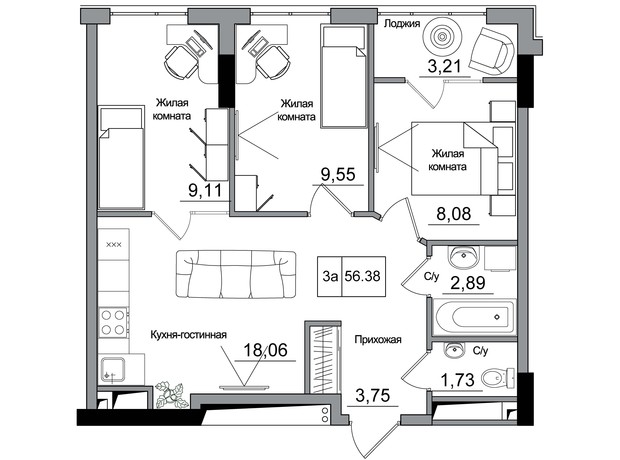 ЖК Artville: планировка 3-комнатной квартиры 56.38 м²