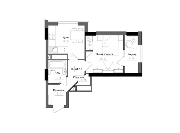 ЖК Artville: планировка 1-комнатной квартиры 34.13 м²