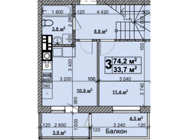 ЖК Vilar: планировка 3-комнатной квартиры 74.2 м²
