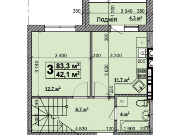ЖК Vilar: планировка 3-комнатной квартиры 83.3 м²