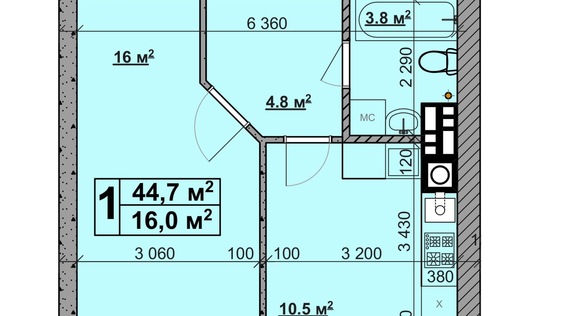 Планування 1-кімнатної квартири в ЖК Vilar 44.7 м², фото 431562