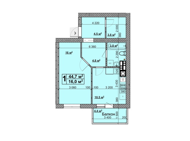 ЖК Vilar: планування 1-кімнатної квартири 44.7 м²