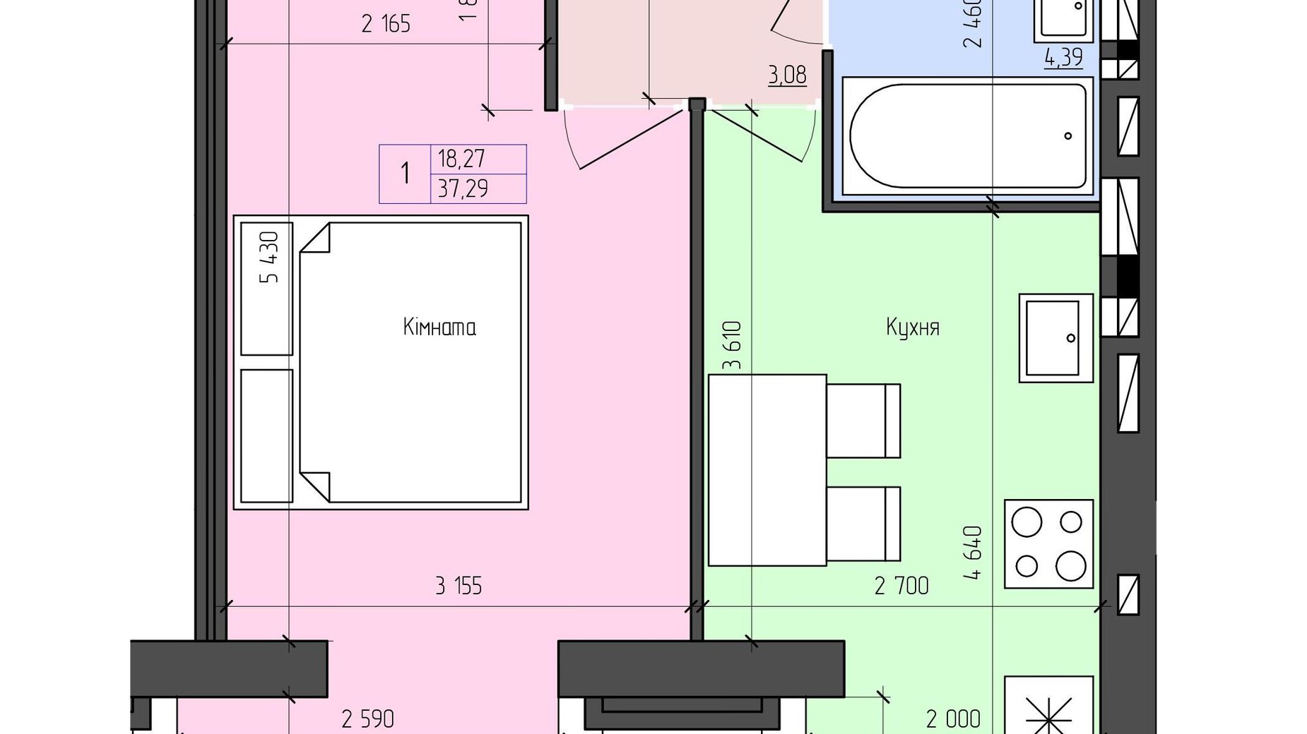 Планування 1-кімнатної квартири в ЖК Софія 37.29 м², фото 431579