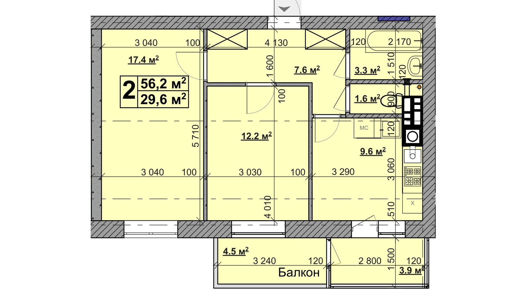 Планировка 2-комнатной квартиры в ЖК Vilar 56.2 м², фото 431591