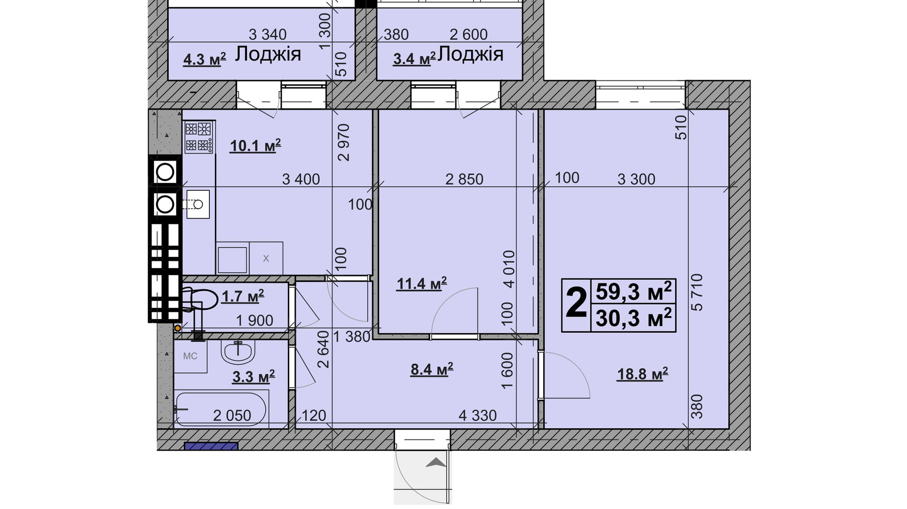 Планировка 2-комнатной квартиры в ЖК Vilar 59.3 м², фото 431592