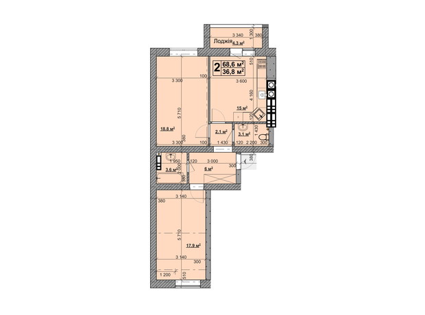 ЖК Vilar: планировка 2-комнатной квартиры 68.6 м²