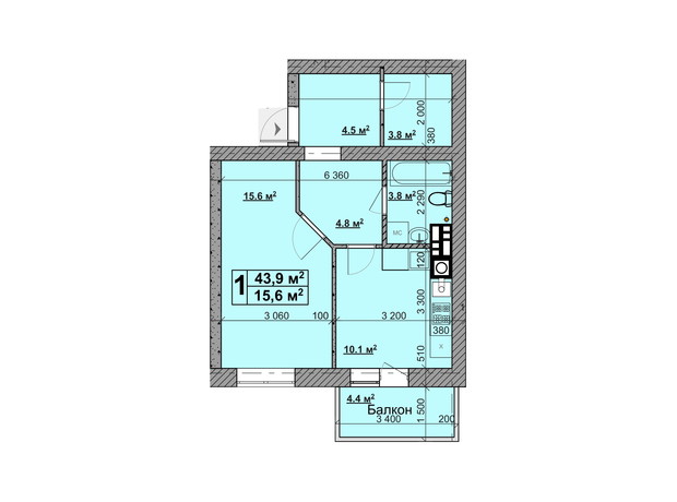 ЖК Vilar: планировка 1-комнатной квартиры 43.9 м²