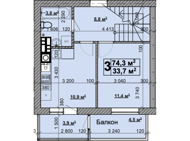 ЖК Vilar: планировка 3-комнатной квартиры 74.3 м²