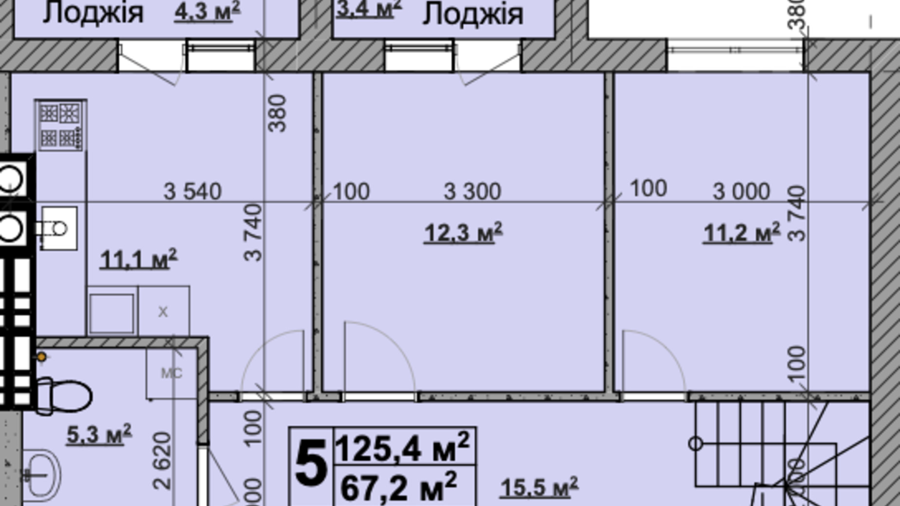 Планировка много­уровневой квартиры в ЖК Vilar 125.4 м², фото 431597