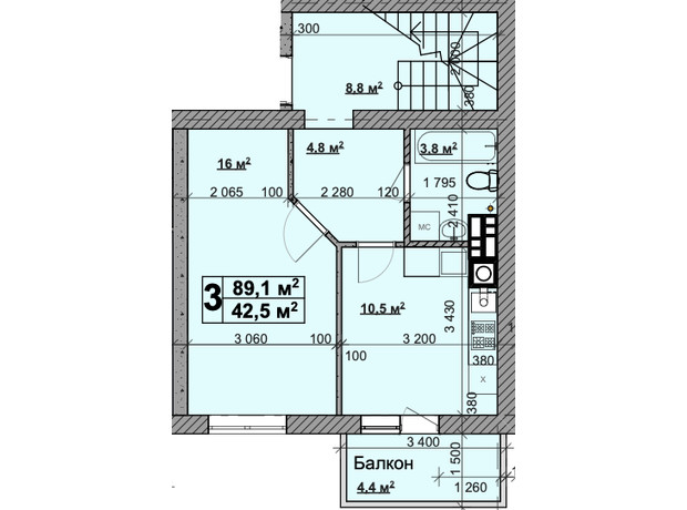 ЖК Vilar: планировка 3-комнатной квартиры 89.1 м²