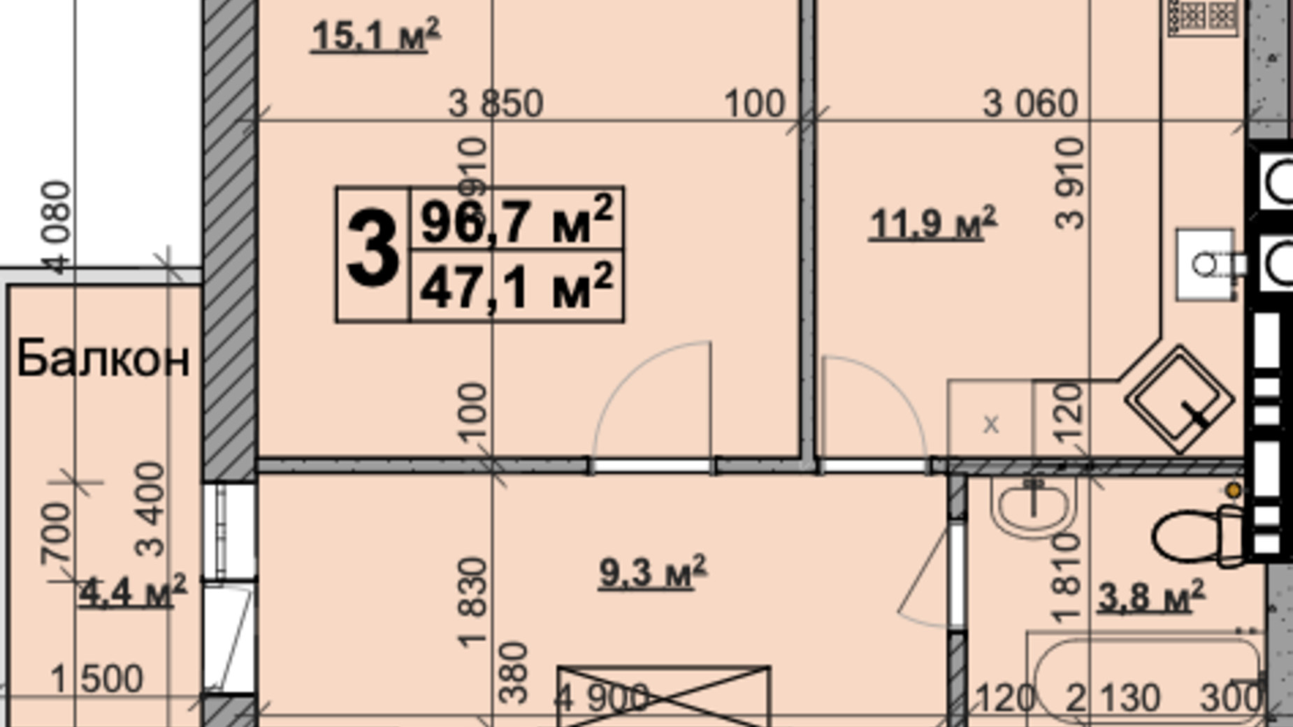 Планування багато­рівневої квартири в ЖК Vilar 96.7 м², фото 431602