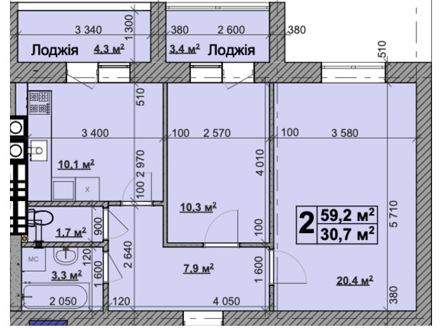 ЖК Vilar: планировка 2-комнатной квартиры 59.2 м²