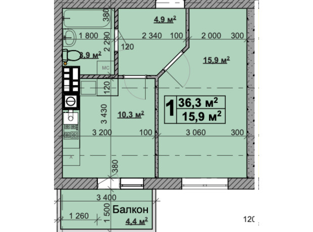 ЖК Vilar: планировка 1-комнатной квартиры 36.3 м²