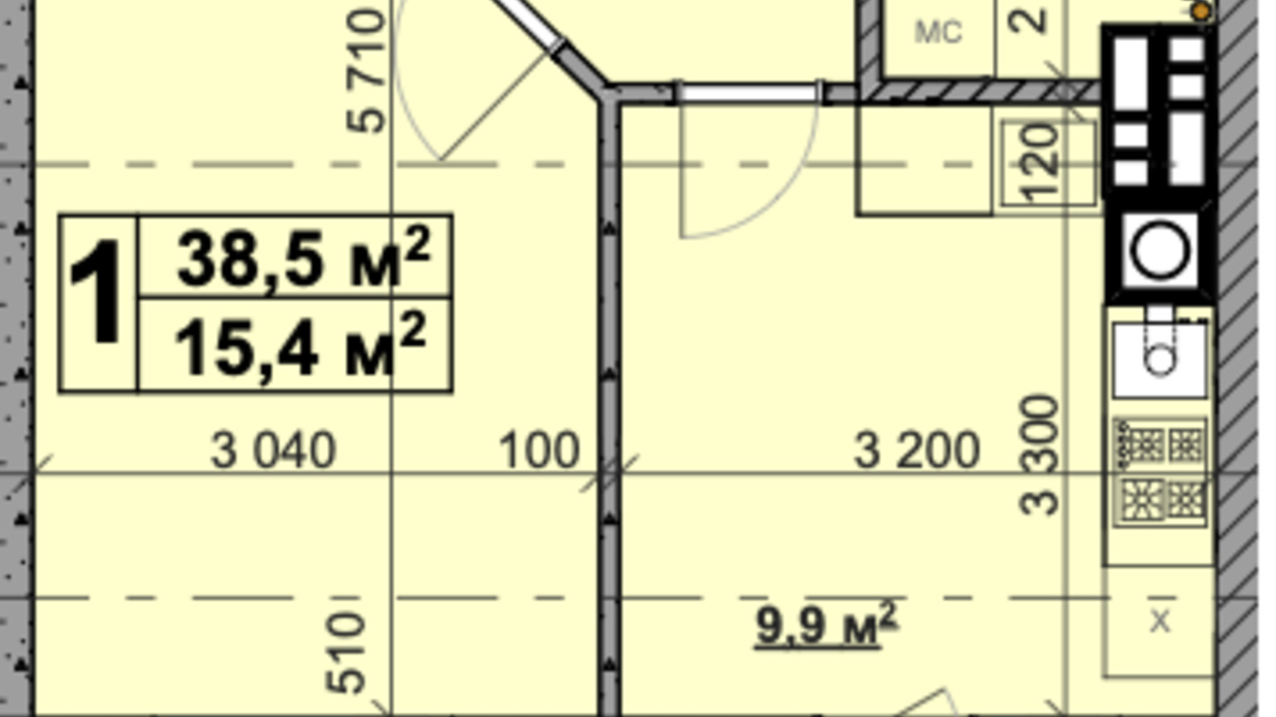 Планировка 1-комнатной квартиры в ЖК Vilar 38.5 м², фото 431615