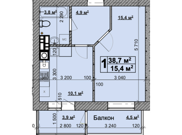 ЖК Vilar: планировка 1-комнатной квартиры 38.7 м²