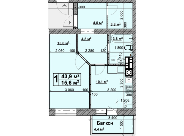 ЖК Vilar: планування 1-кімнатної квартири 43.9 м²