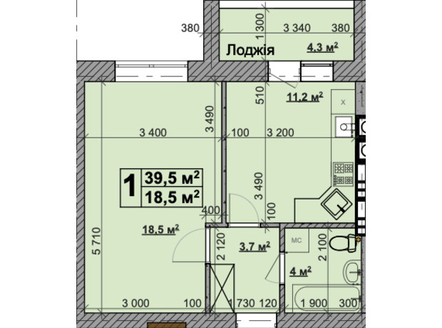 ЖК Vilar: планування 1-кімнатної квартири 39.5 м²