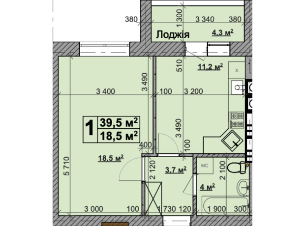 ЖК Vilar: планировка 1-комнатной квартиры 39.5 м²