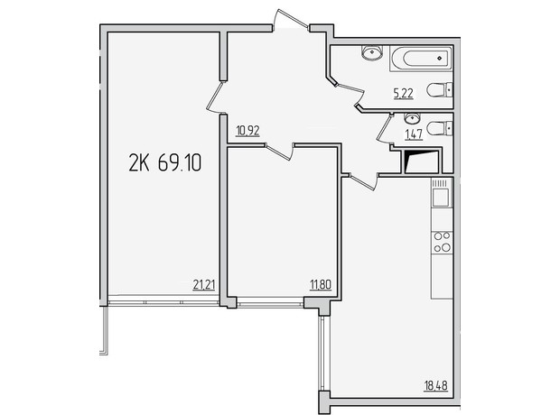 ЖК Пятьдесят третья жемчужина: планировка 2-комнатной квартиры 69.1 м²