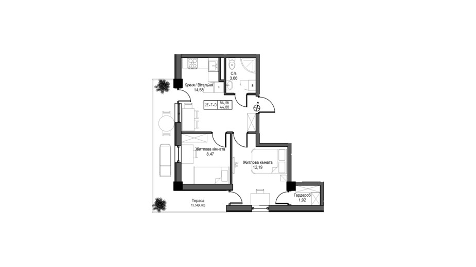 Планування 2-кімнатної квартири в ЖК Artville 54.36 м², фото 431712