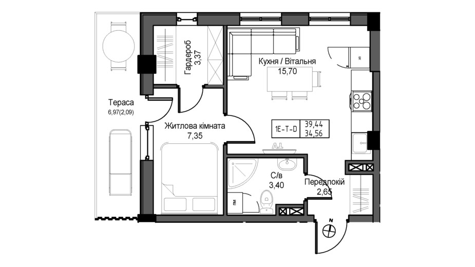 Планування 1-кімнатної квартири в ЖК Artville 39.44 м², фото 431720