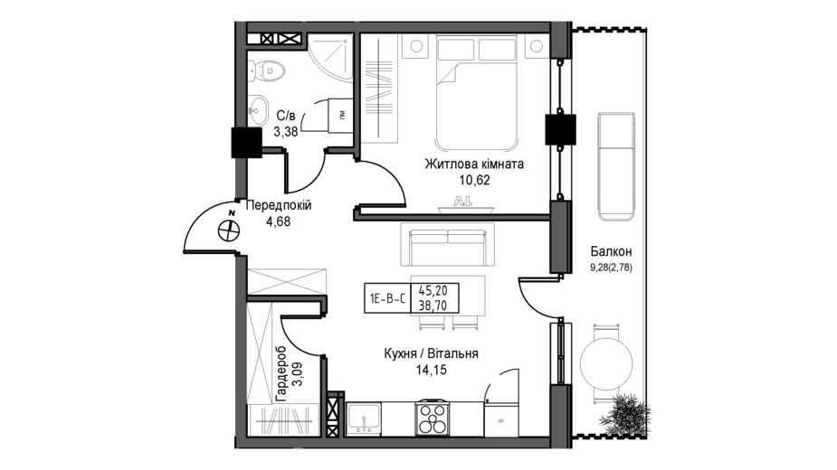 Планування 1-кімнатної квартири в ЖК Artville 38.7 м², фото 431724