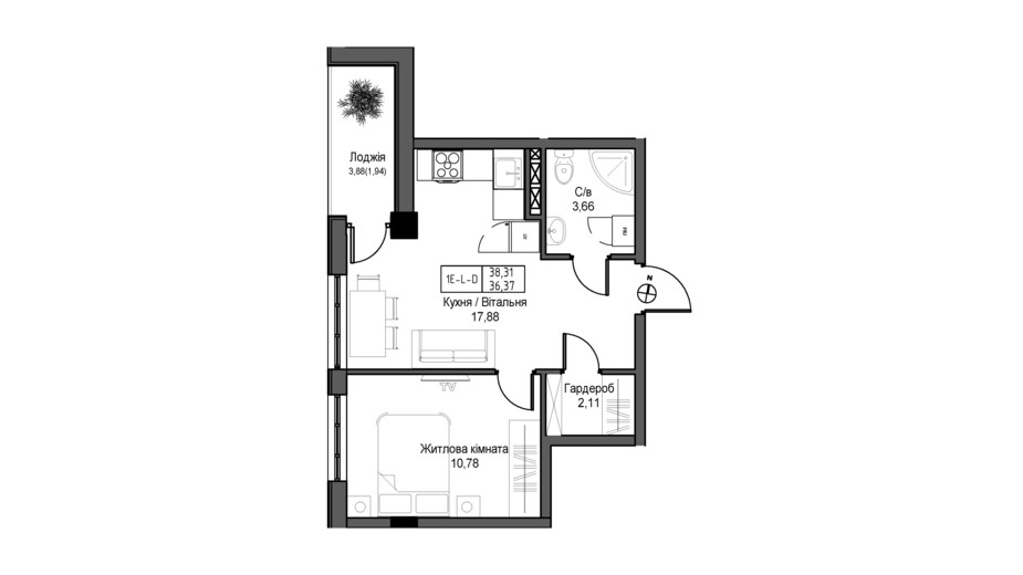 Планування 1-кімнатної квартири в ЖК Artville 36.37 м², фото 431730