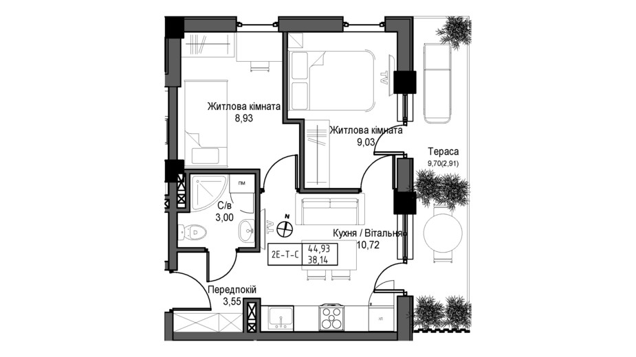 Планування 1-кімнатної квартири в ЖК Artville 38.14 м², фото 431735
