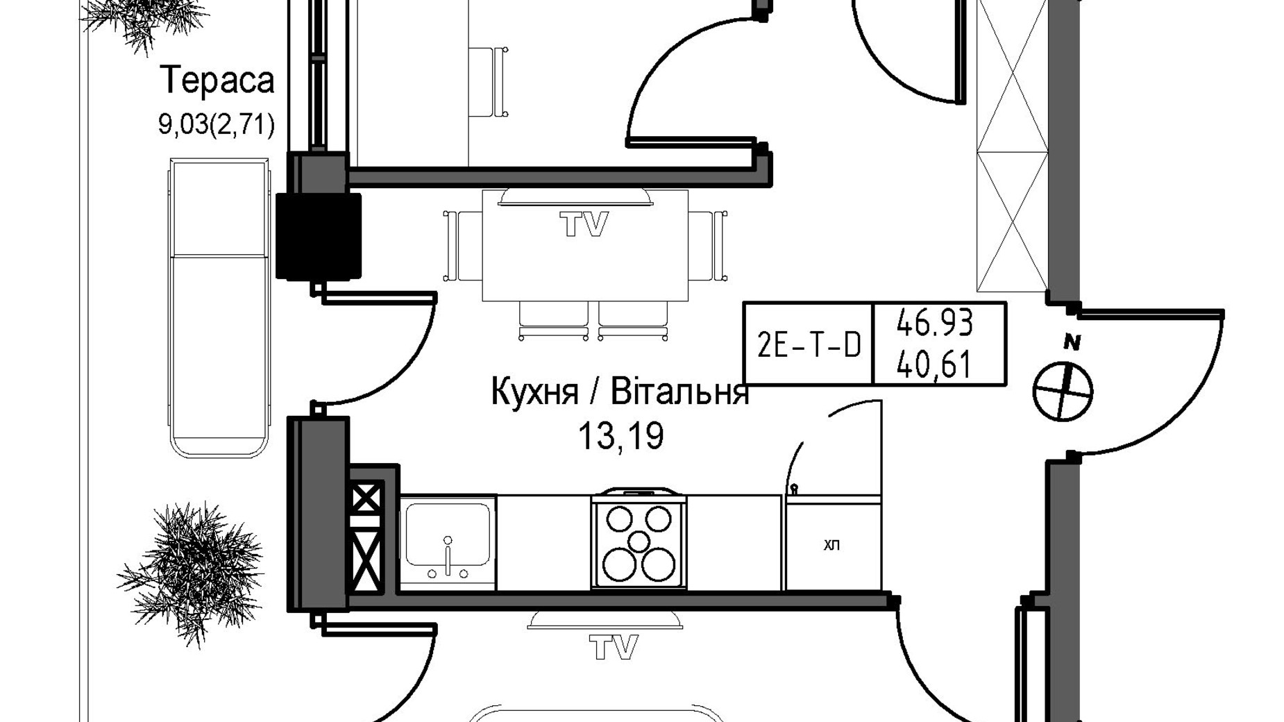 Планировка 2-комнатной квартиры в ЖК Artville 40.61 м², фото 431737