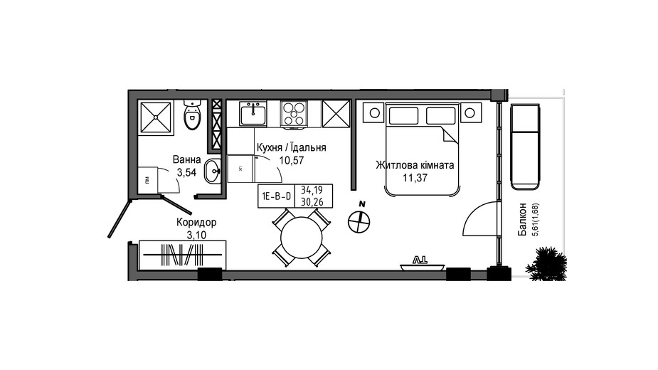 Планування 1-кімнатної квартири в ЖК Artville 34.19 м², фото 431952