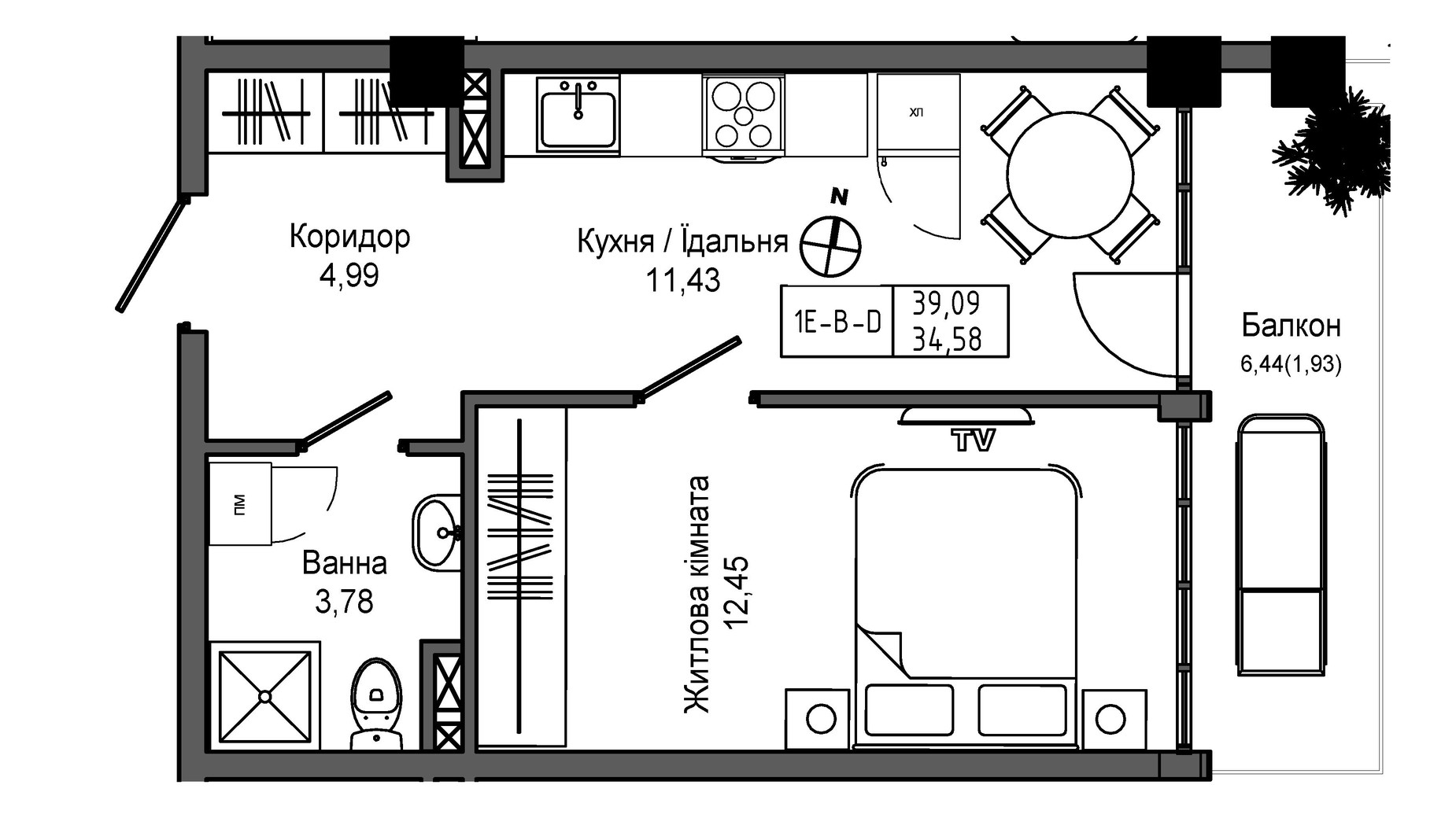 Планування 1-кімнатної квартири в ЖК Artville 39.09 м², фото 431953