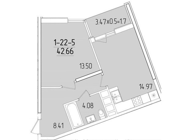 ЖК Kadorr City: планировка 1-комнатной квартиры 42.66 м²
