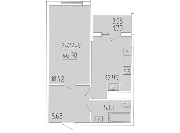 ЖК Kadorr City: планировка 1-комнатной квартиры 46.98 м²