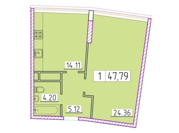 ЖК Сорок вторая жемчужина: планировка 1-комнатной квартиры 47.62 м²
