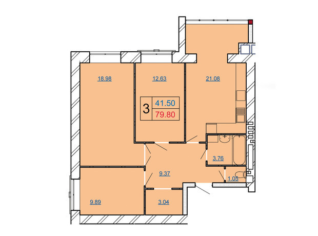 ЖК Avila City: планировка 3-комнатной квартиры 79.8 м²
