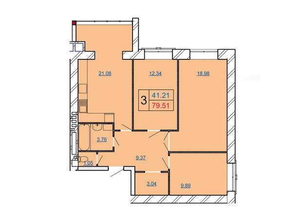 ЖК Avila City: планировка 3-комнатной квартиры 79.51 м²