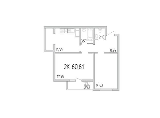 ЖК Пятьдесят седьмая жемчужина: планировка 2-комнатной квартиры 60.9 м²