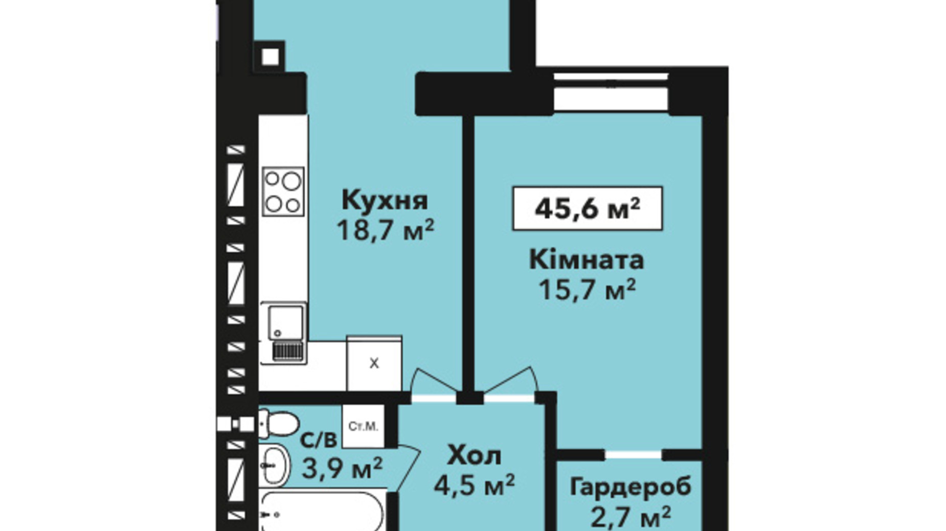 Планування 1-кімнатної квартири в ЖК Перлина Проскурова 2 45.6 м², фото 432832