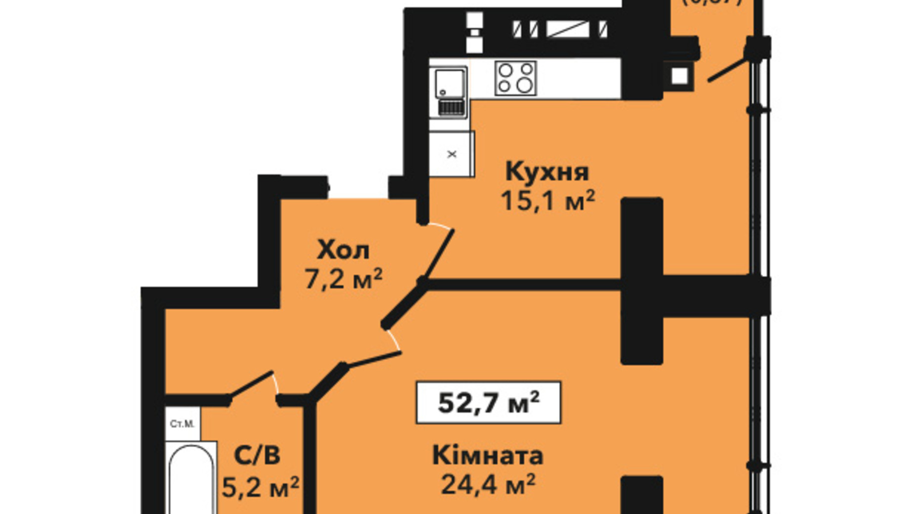 Планування 1-кімнатної квартири в ЖК Перлина Проскурова 2 52.7 м², фото 432833