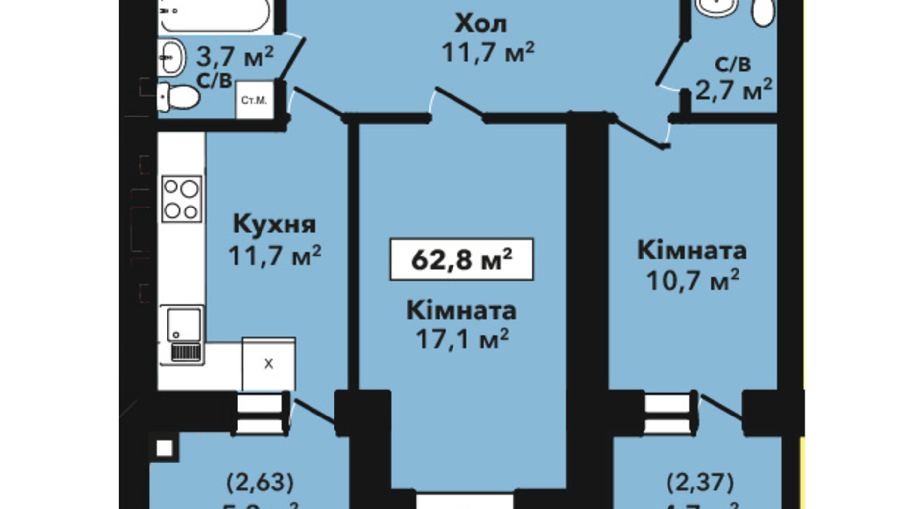 Планування 2-кімнатної квартири в ЖК Перлина Проскурова 2 62.8 м², фото 432835