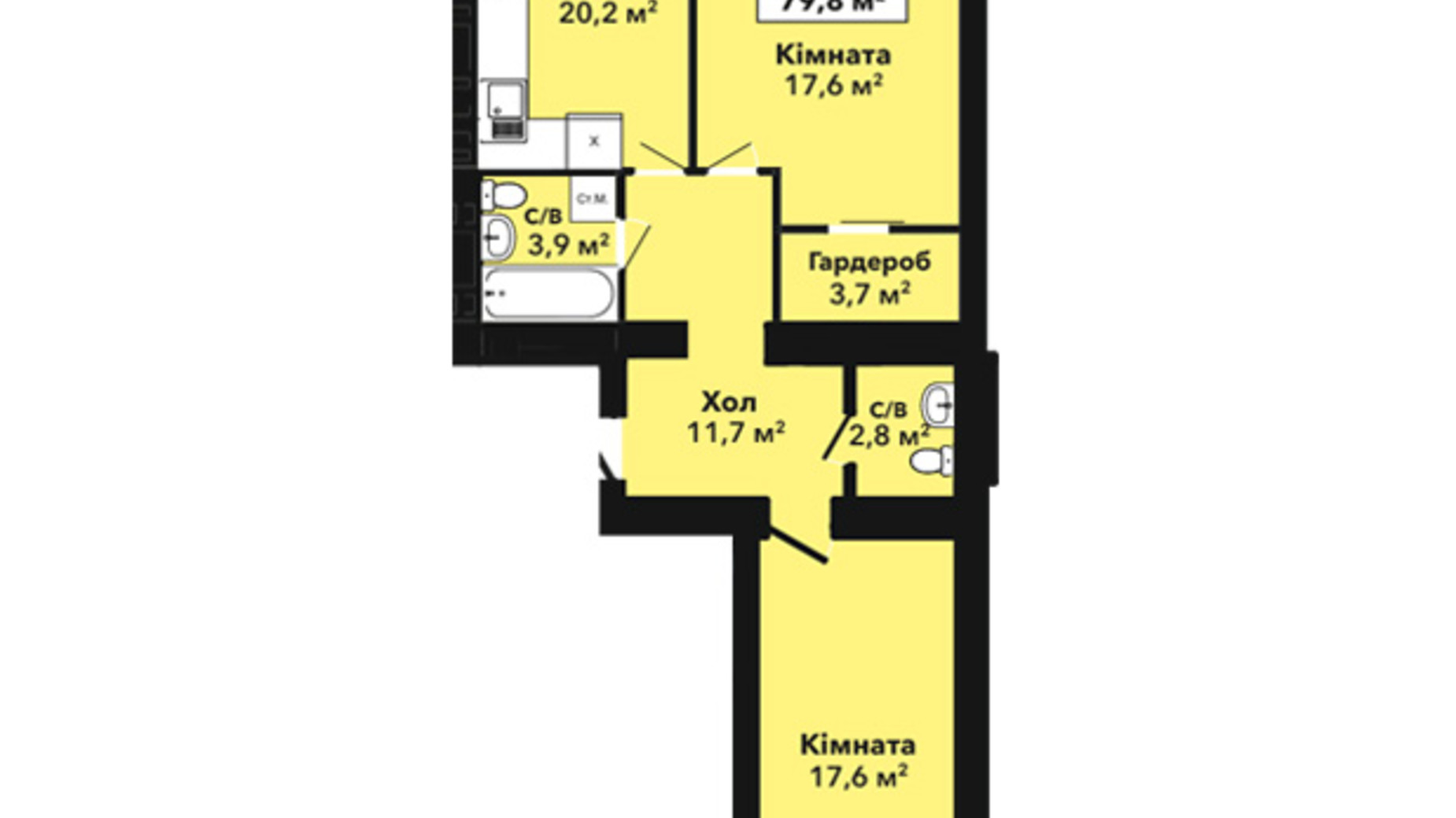 Планування 2-кімнатної квартири в ЖК Перлина Проскурова 2 79.8 м², фото 432836