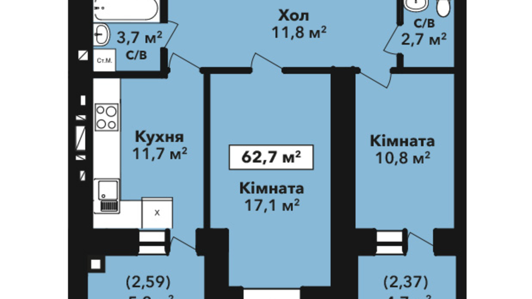 Планування 2-кімнатної квартири в ЖК Перлина Проскурова 2 62.7 м², фото 432837