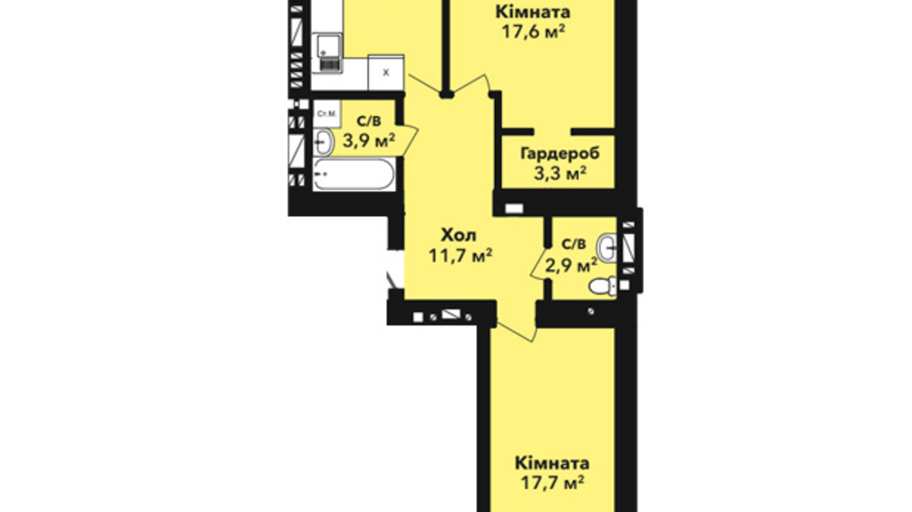 Планировка 2-комнатной квартиры в ЖК Перлина Проскурова 2 77.5 м², фото 432838