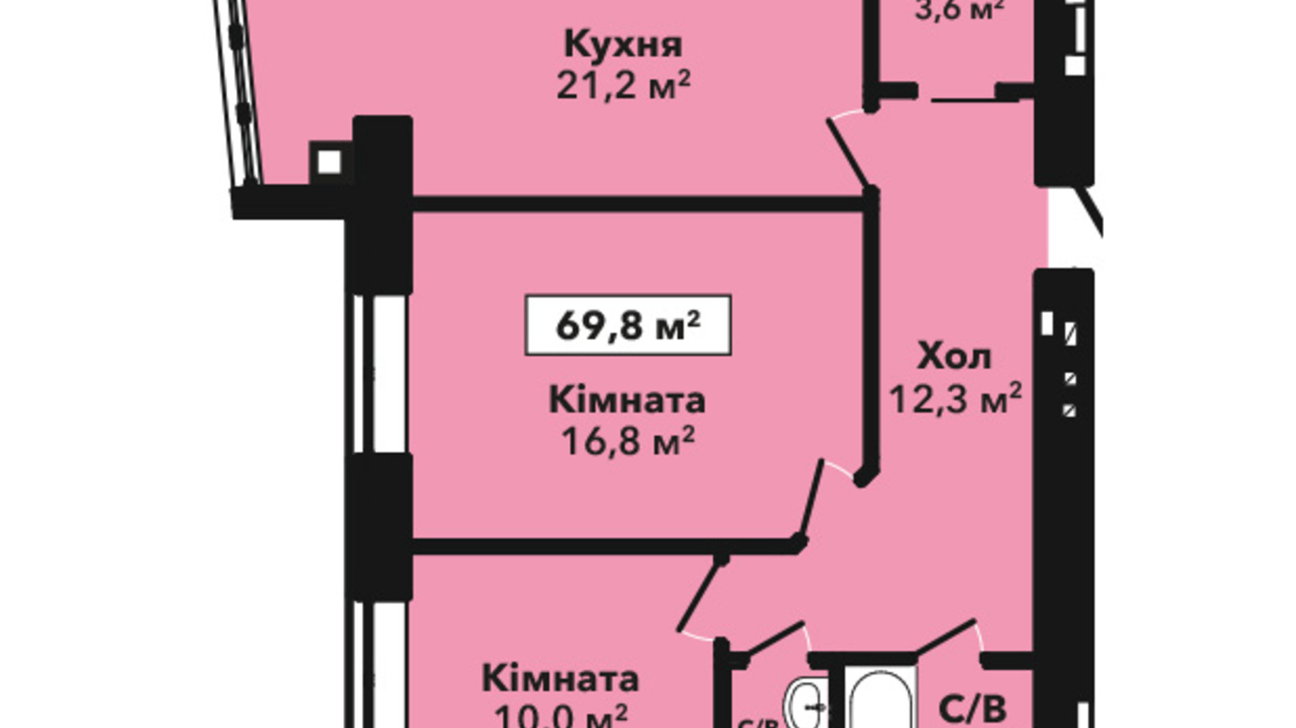 Планування 2-кімнатної квартири в ЖК Перлина Проскурова 2 69.8 м², фото 432839