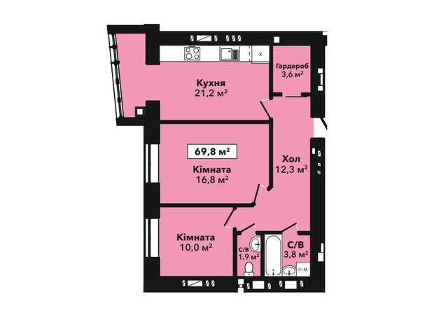 ЖК Перлина Проскурова 2: планировка 2-комнатной квартиры 69.8 м²