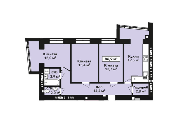 ЖК Перлина Проскурова 2: планировка 3-комнатной квартиры 86.9 м²