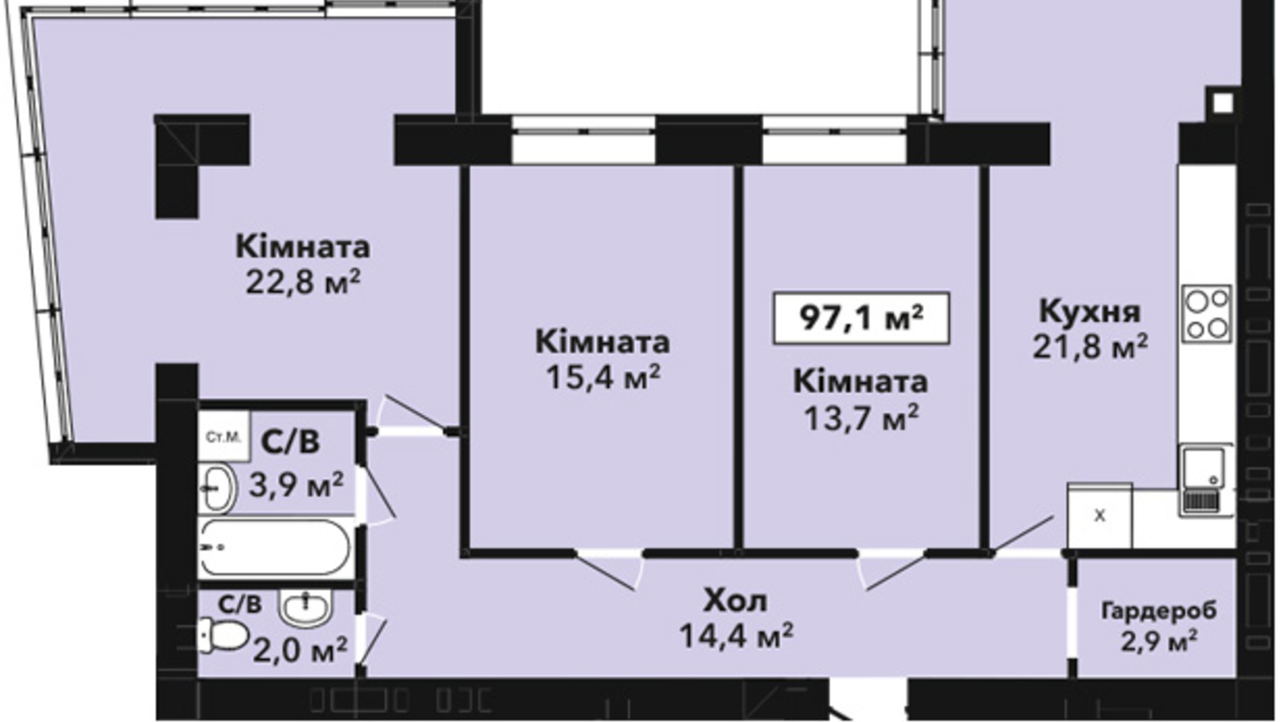 Планировка 3-комнатной квартиры в ЖК Перлина Проскурова 2 97.1 м², фото 432841