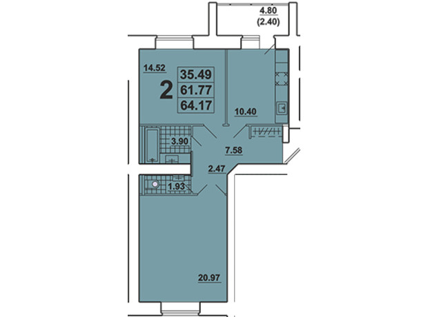 ЖК Галичина: планування 2-кімнатної квартири 64.17 м²