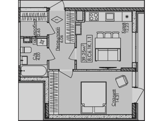 ЖК Новая Буча: планировка 1-комнатной квартиры 39.25 м²